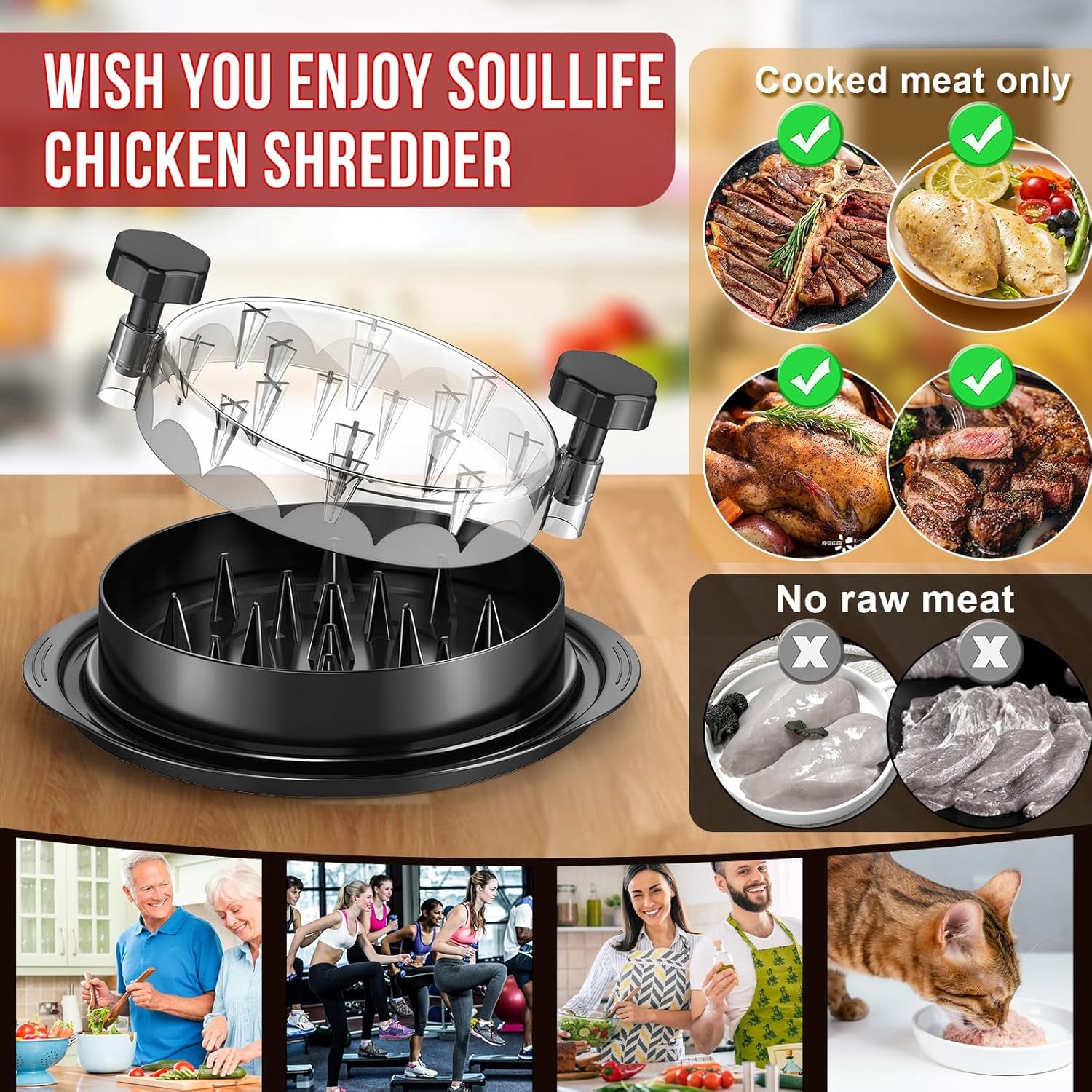 Chicken Shredder 8 Inches, Chicken Shredder Tool Twist for Pork Beef Chicken, Meat Shredder, Clear Lid, Ergonomic Handle, Strong Anti-Slip, BPA Free, Easy to Clean, Dishwasher Safe (Black)